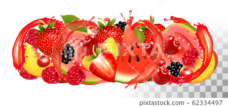 Fruit in juice splash panorama. Strawberry, 62334497