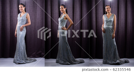 Miss Pageant Beauty Contest wears sequin Evening Gown long dress with sparkle Diamond Crown, Asian Woman opens purple Curtain after win Final round as new way life, opportunity, change everything 62335546