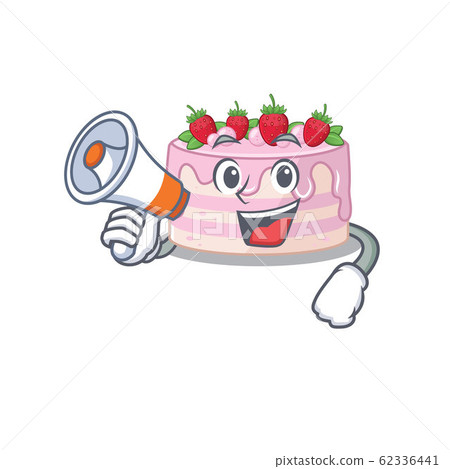 A mascot of strawberry cake speaking on a megaphone A mascot of strawberry cake speaking on a megaphone 62336441