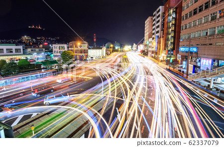 Night view in front of Nagasaki Station Light Trail 62337079