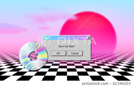 Vaporwave landscape with CD, dialogue window, sun, clouds and checked floor 62340203