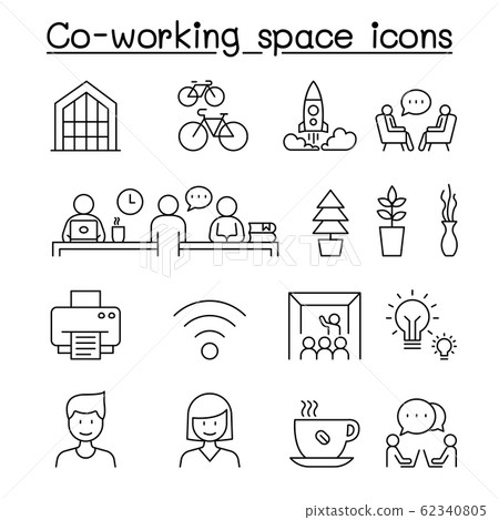 Co-working space & Startup icons set in thin line 62340805