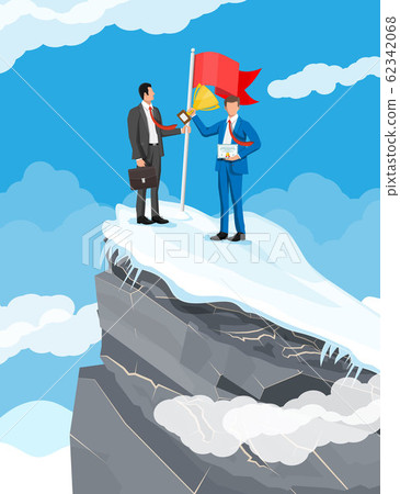Businessman standing on top of mountain with flag. - Stock Illustration ...