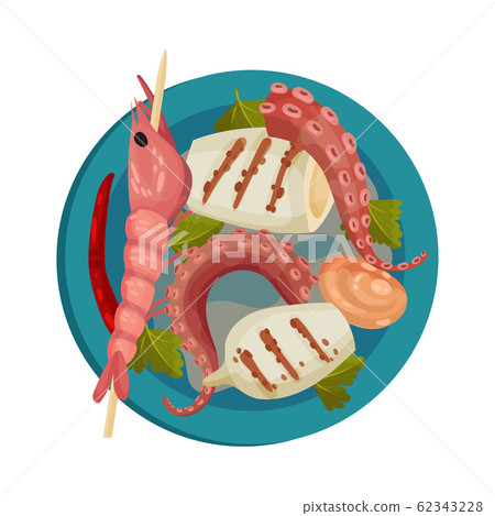 Skewered Prawn and Stuffed Squid Rested on Plate with Leaf Garnish Top View Vector Illustration 62343228