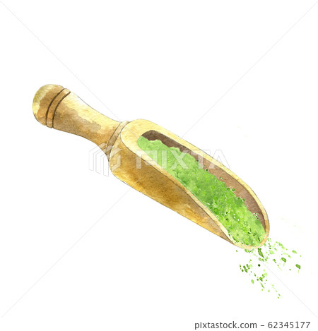 Watercolor wooden scoop with matcha powder. 62345177