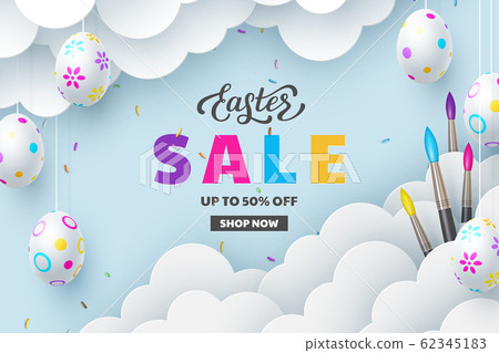 Easter Sale banner with painted hanging eggs. Easter Sale banner with painted hanging eggs. 62345183