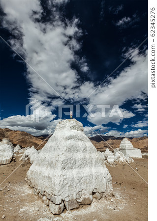 Whitewashed chortens Tibetan Buddhist stupas . Nubra valley, Ladakh, India Whitewashed chortens Tibetan Buddhist stupas . Nubra valley, Ladakh, India 62345276