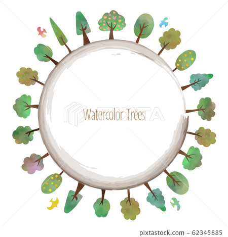 Watercolor texture tree and birds round frame 62345885