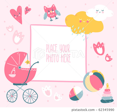 Pink baby photo frame with cloud, hearts, toys and dots. Scandinavian style. Pink baby photo frame with cloud, hearts, toys and dots. Scandinavian style. 62345990
