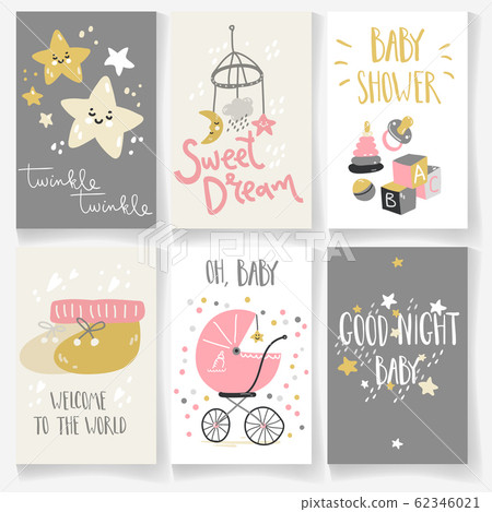 Set of baby cards. Good night, twinkle star, sweet dream, welcome, baby shower. Hand lettering 62346021