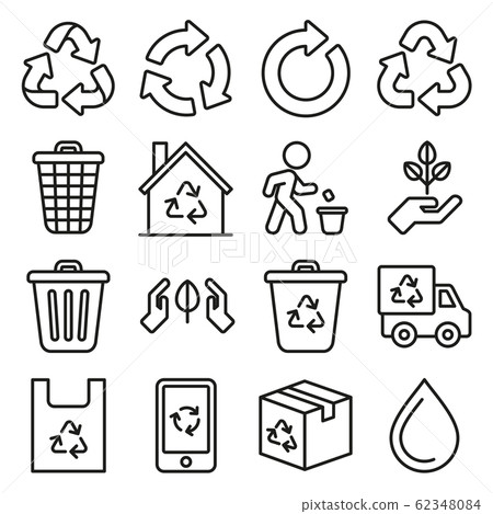 Garbage and Recycling Related Icons Set on White Background. Line Style Vector 62348084