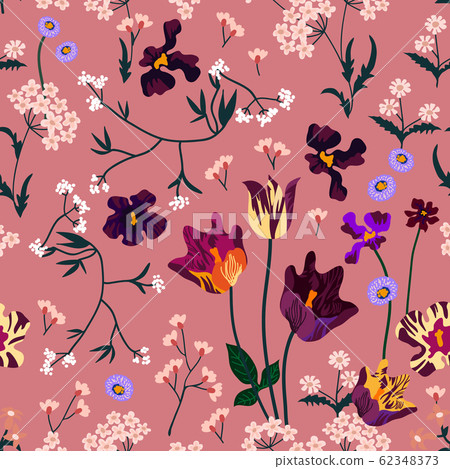 Seamless pattern with tulips and wildflowers. 62348373