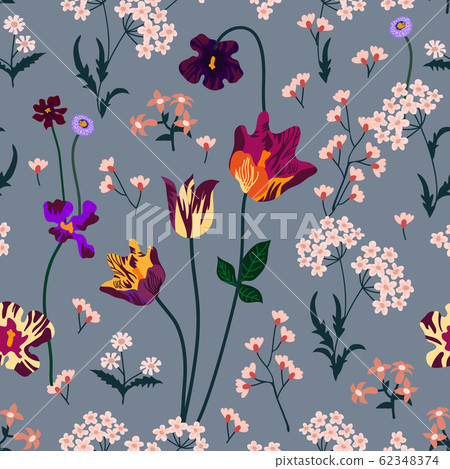 Seamless pattern with tulips and wildflowers. Seamless pattern with tulips and wildflowers. 62348374