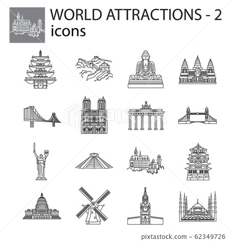 World Attractions icon line, linear vector set. Black signs, symbols. Icons for tourism. Set of stylish icons on a white background. World Attractions icon line, linear vector set. Black signs, symbols. Icons for tourism. Set of stylish icons on a white background. 62349726