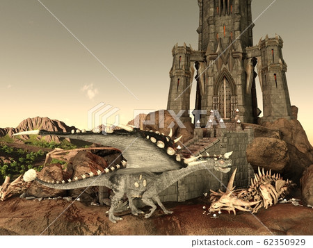 Fantasy Dragon and Dark Tower 3D Illustration Fantasy Dragon and Dark Tower 3D Illustration 62350929