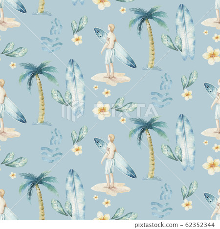 Watercolor style seamless surfing pattern of surf man and woman surfers silhouettes with surfboard wave background. Ocean surfing summer design Watercolor style seamless surfing pattern of surf man and woman surfers silhouettes with surfboard wave background. Ocean surfing summer design 62352344