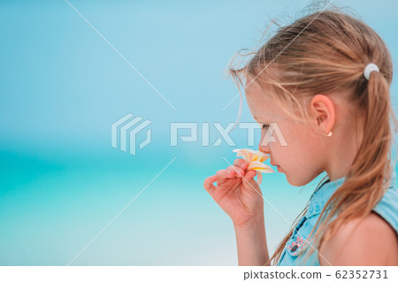 Little adorable girl smelling colorful flowers at summer day Little adorable girl smelling colorful flowers at summer day 62352731