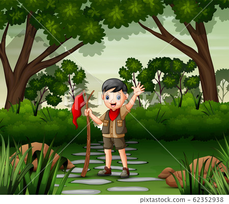 A Boy Scout Holding A Flag Walking In Forest - Stock Illustration 