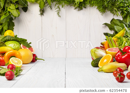 frame with fresh organic vegetables and fruits on frame with fresh organic vegetables and fruits on 62354478