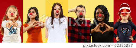 Portrait of young people celebrating red nose day on colorful background Portrait of young people celebrating red nose day on colorful background 62355257