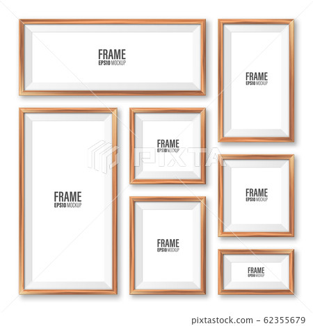 Realistic blank wooden picture frames collection. Modern poster mockup. Empty photo frame with Realistic blank wooden picture frames collection. Modern poster mockup. Empty photo frame with 62355679