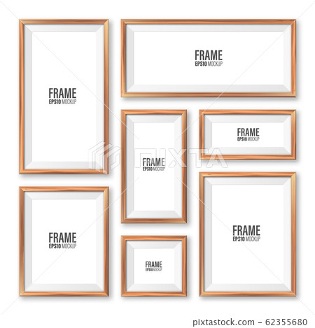 Realistic blank wooden picture frames collection. Modern poster mockup. Empty photo frame with 62355680