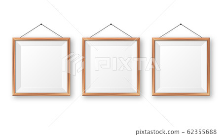 Realistic hanging on a wall blank wooden picture frame. Modern poster mockup. Empty photo frame with 62355688