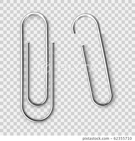 Realistic tilted metal paper clip. Page holder, binder. Vector illustration. 62355710