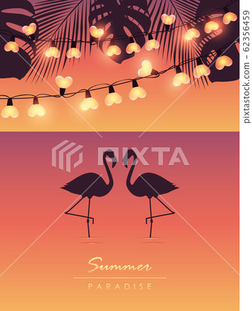 tropical summer by the sea with flamingos fairy light and palm leaves 62356459