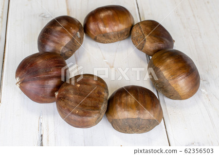 Brown edible chestnut on grey wood Brown edible chestnut on grey wood 62356503
