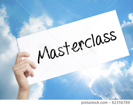 Masterclass Sign on white paper. Man Hand Holding 62356789