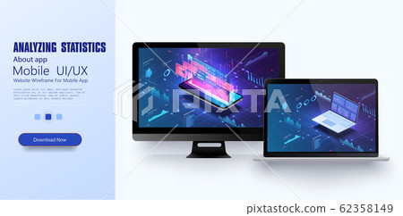 Online statistics and data Analytics.Digital money market, investment, finance and trading. Perfect for web design, banner and presentation. Isometric vector illustration. 62358149