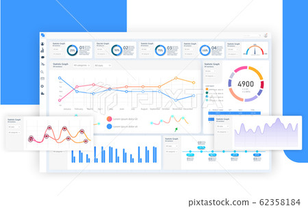 Blue dashboard, great design for any site purposes. Business infographic template. Vector flat illustration. Big data concept Dashboard user admin panel template design. Analytics admin dashboard 62358184