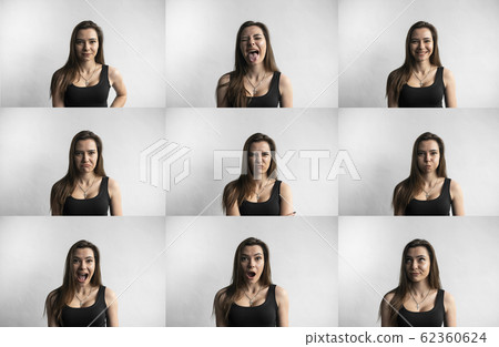 Set of young woman's portraits with different emotions. Young beautiful cute girl showing different emotions. Laughing, smiling, anger, suspicion, fear, surprise. 62360624