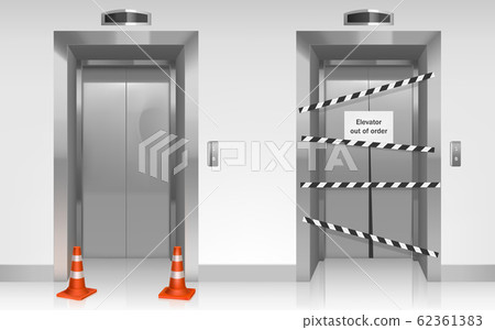 Out of order elevator with closed broken door 62361383