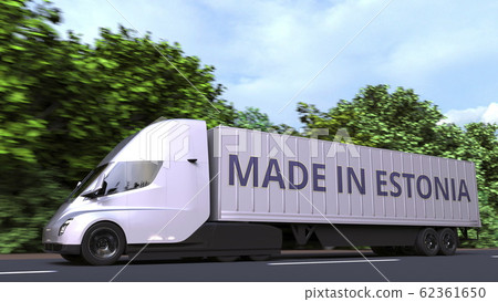 Modern electric semi-trailer truck with MADE IN ESTONIA text on the side. Estonian import or export related 3D rendering Modern electric semi-trailer truck with MADE IN ESTONIA text on the side. Estonian import or export related 3D rendering 62361650