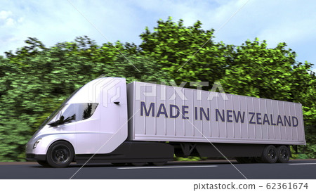 Trailer truck with MADE IN NEW ZEALAND text on the side. Import or export 3D rendering 62361674
