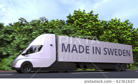 Trailer truck with MADE IN SWEDEN text on the side. Swedish import or export related 3D rendering 62361687