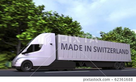 Modern electric semi-trailer truck with MADE IN SWITZERLAND text on the side. Swiss import or export related 3D rendering 62361688