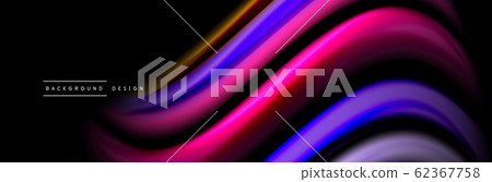 Silk and smooth flow wave poster design. Color waves, liquid style lines and shapes in black color background 62367758