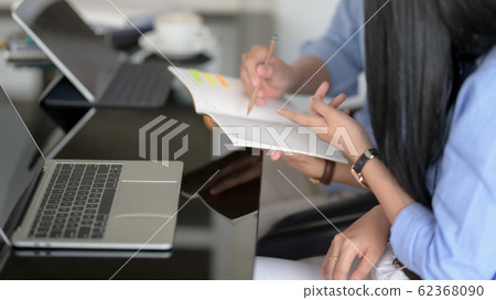 Side view of businesspeople discussing on their Side view of businesspeople discussing on their 62368090