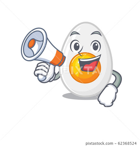 A mascot of boiled egg speaking on a megaphone A mascot of boiled egg speaking on a megaphone 62368524