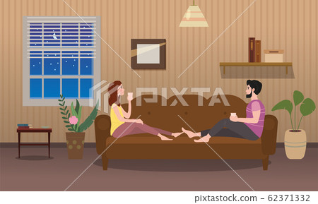 Cute loving couple on cozy sofa, drinking tea or drinks and eating together at home. Daily life of cute happy couple. Male female characters. Vector illustration flat cartoon 62371332