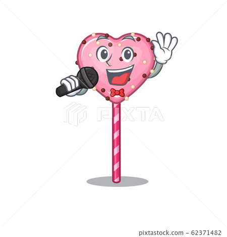 Happy candy heart lollipop singing on a microphone Happy candy heart lollipop singing on a microphone 62371482