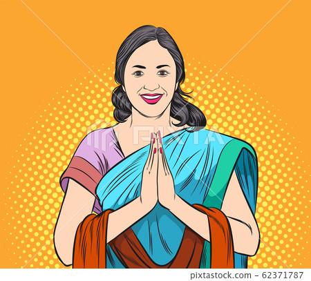Indian woman raise her hands to respectfully welcome. Indian woman raise her hands to respectfully welcome. 62371787
