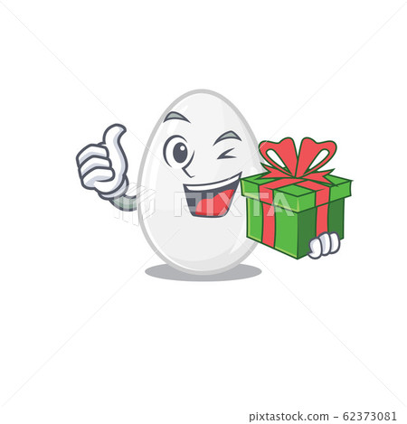Happy white egg character having a gift box Happy white egg character having a gift box 62373081