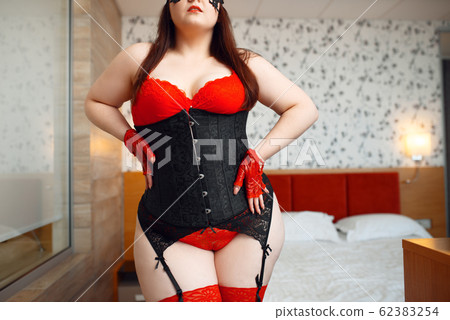 Fat woman in black and red erotic lingerie 62383254