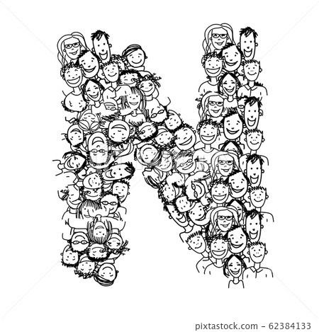 Letter N, people crowd, vector alphabet design 62384133