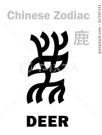 Astrology Alphabet: DEER - sign of Chinese Zodiac (also: 12th sign of Burmese Zodiac). Chinese character, hieroglyphic sign (symbol). 62385341