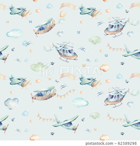 Watercolor set background illustration of a cute cartoon and fancy sky scene complete with airplanes, helicopters, plane and balloons, clouds. Boy seamless pattern. It's a baby shower design 62389298